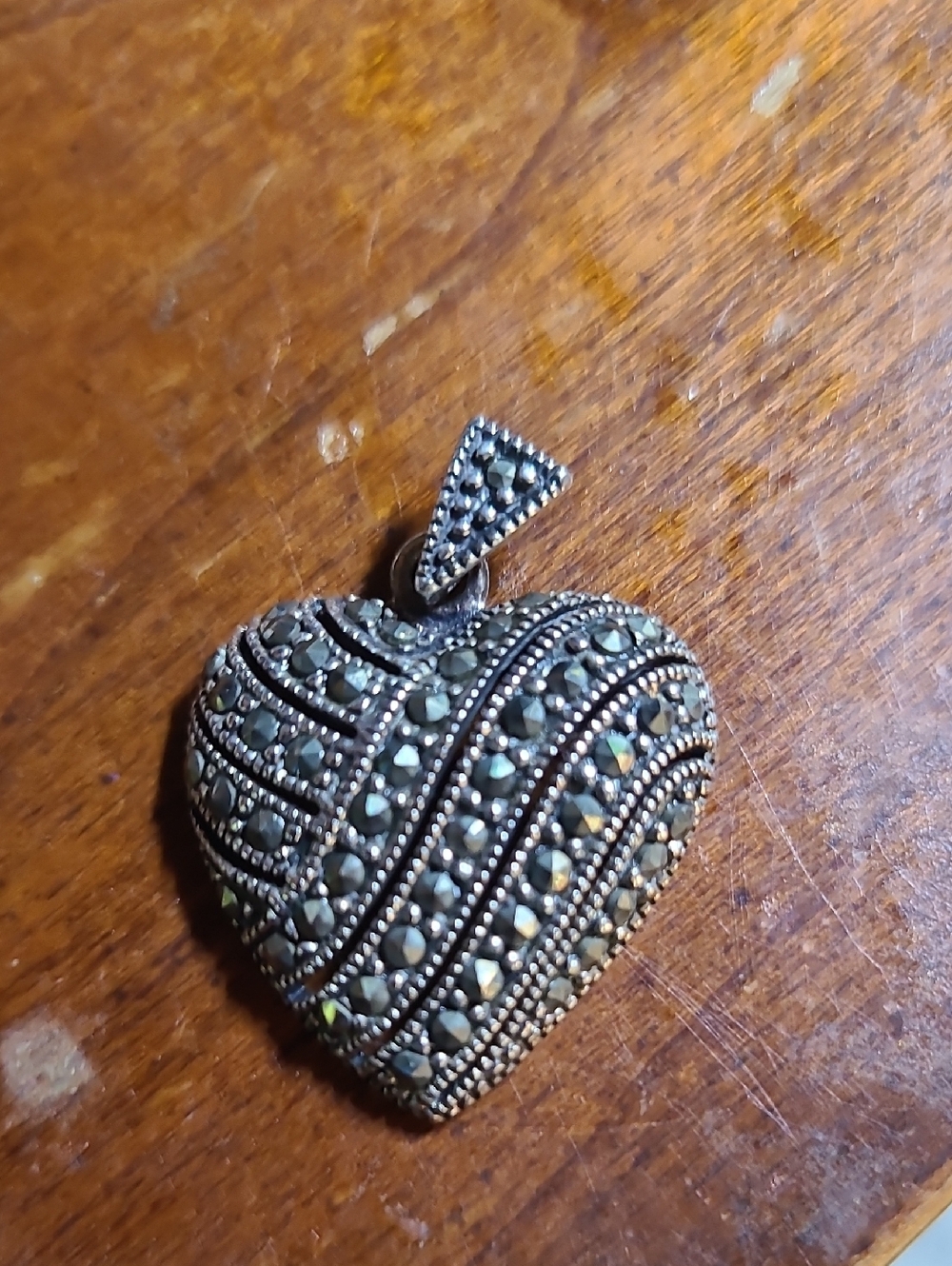 Heart-Shaped Marcasite Pendant Necklace - Silver Tone